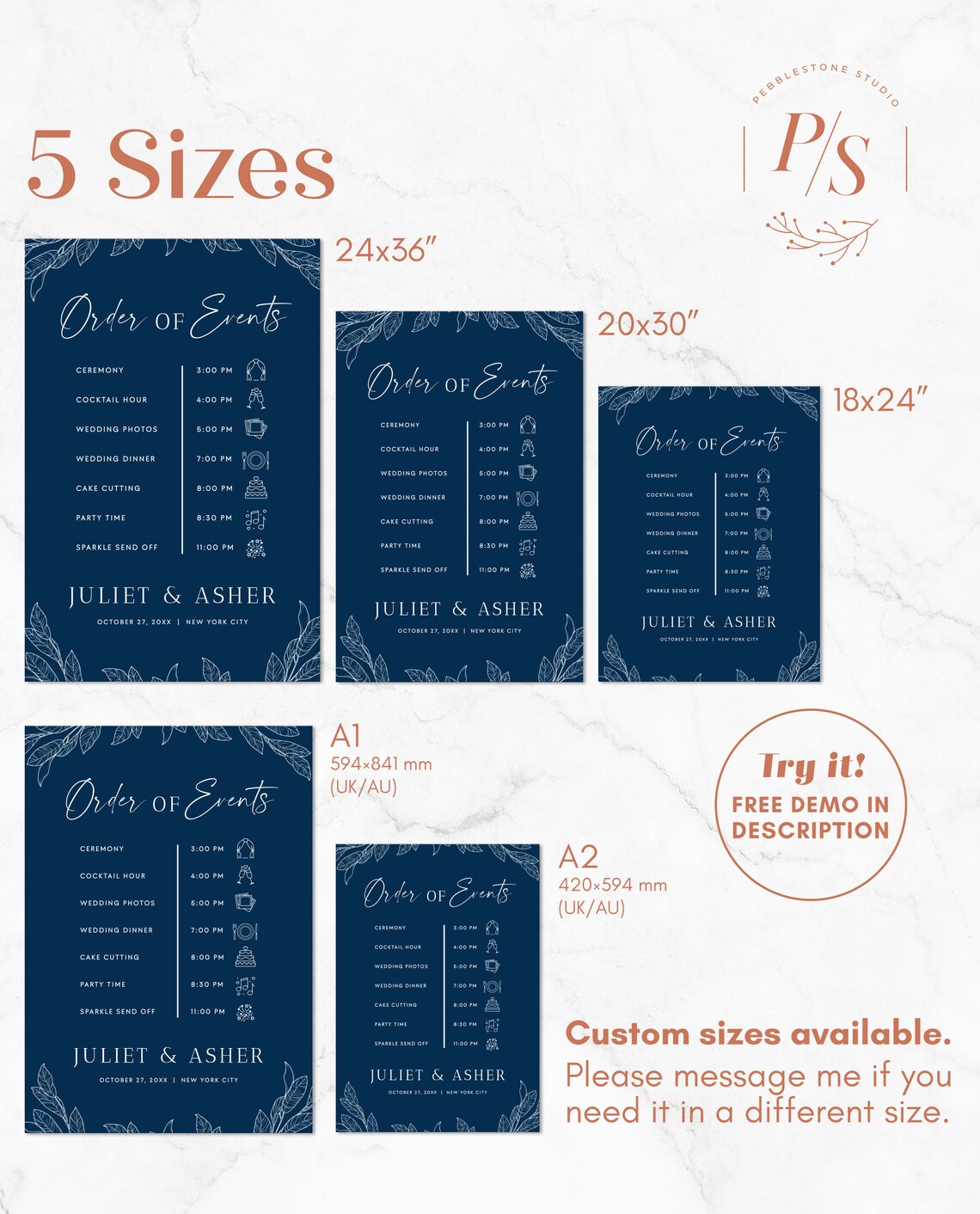 Rustic Blue Order of Events Wedding Sign Editable Template, Modern Navy ...