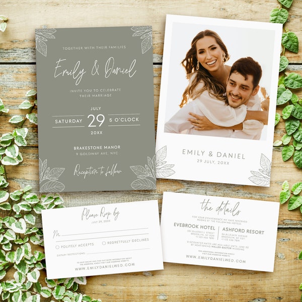 Sage Green Wedding Invitation Card Suite | Editable Template | Modern Minimalist Templett Invitation Set | Do It Yourself Invite DIY #SG1