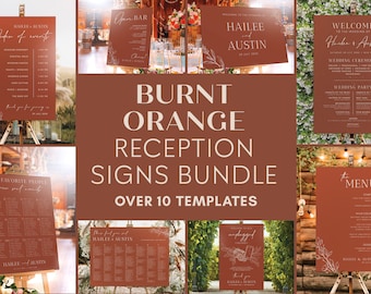 May include: A set of burnt orange wedding reception signs with white calligraphy text. The signs include a welcome sign, an order of events sign, a seating chart, a menu sign, and an unplugged sign. The signs are all on easels and are set up in a rustic setting.