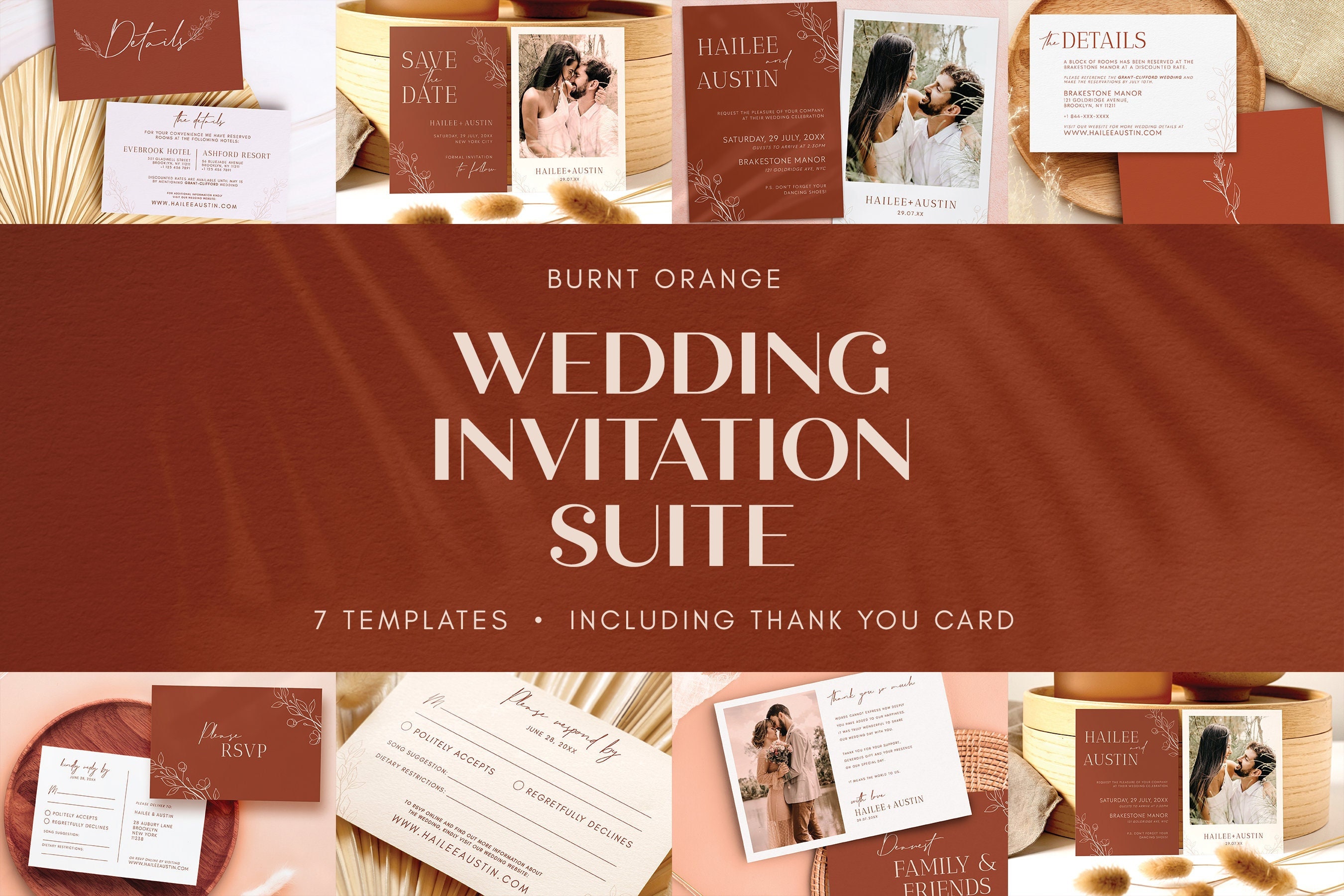 Invite Notelet Template Editable Wedding Invitation Card Suite, Burnt Orange Wedding Invite ...