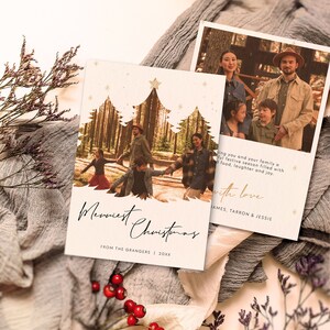 May include: A Christmas card with a photo of a family standing in a forest. The card has a gold foil design of a Christmas tree with the text "Merriest Christmas" and "From the Grangers | 20XX".