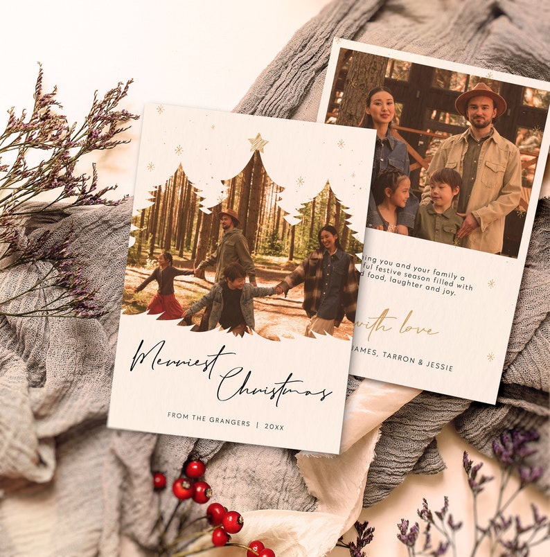 May include: A Christmas card with a photo of a family standing in a forest. The card has a gold foil design of a Christmas tree with the text "Merriest Christmas" and "From the Grangers | 20XX".