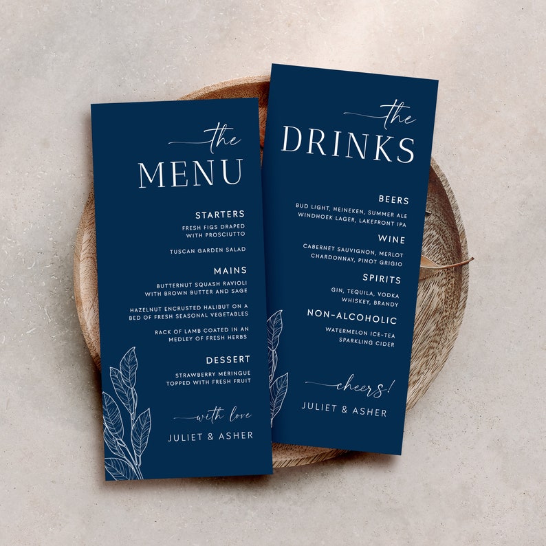 Navy Blue Wedding Dinner Menu Cards Editable Template, Boho Blue Drinks Menu, Printable Wedding Menu, Modern Blue Table Menu, Templett NAVY image 5