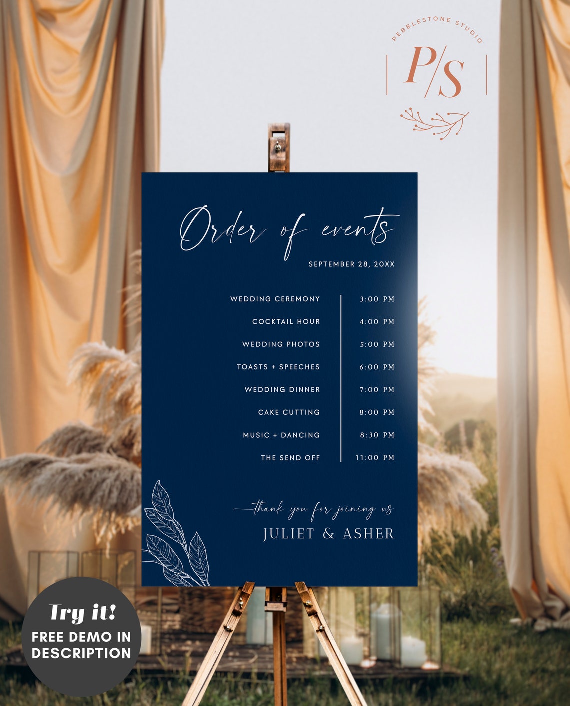 Rustic Navy Blue Wedding Order of Events Sign Template, Boho Blue ...
