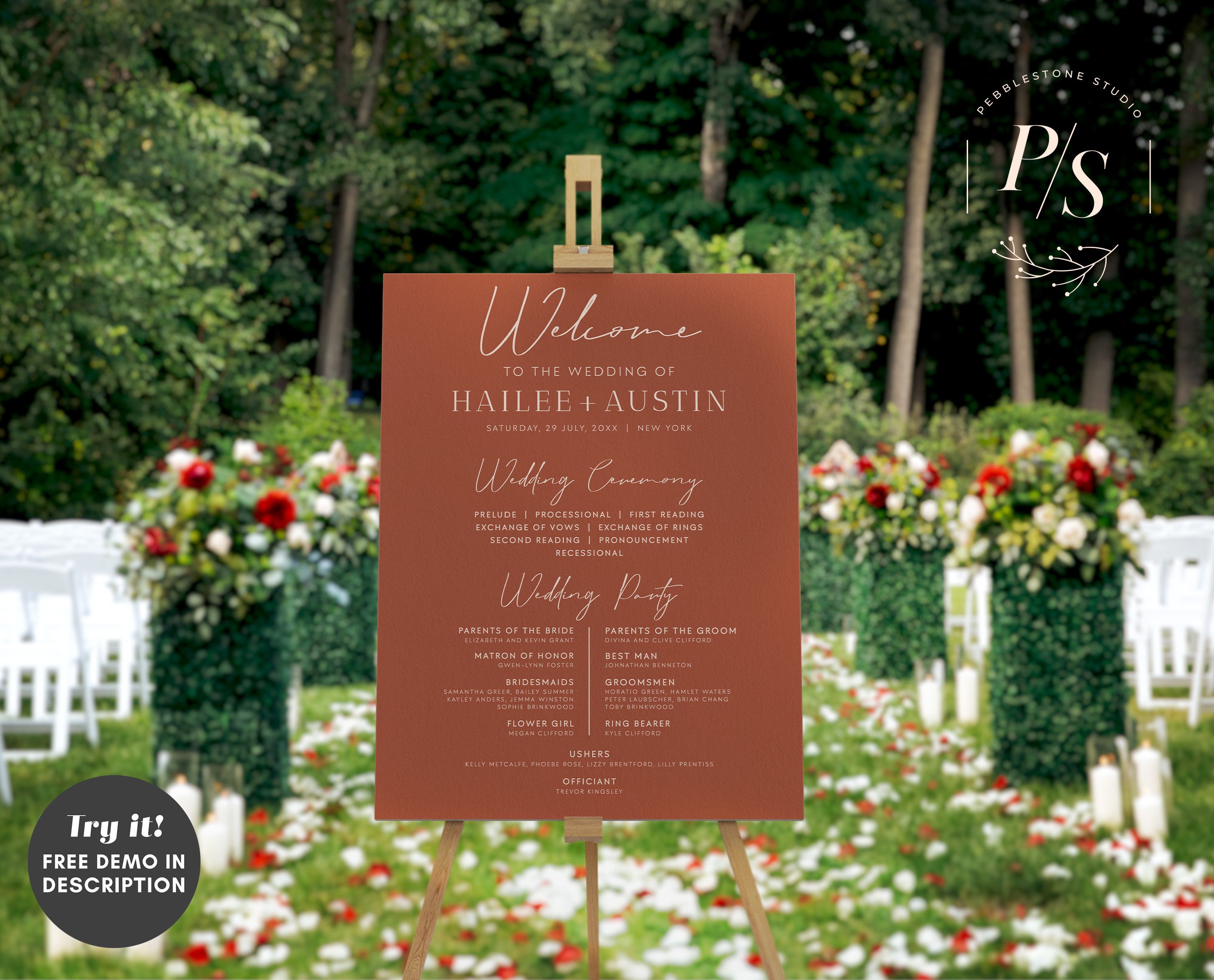 Terracotta Wedding Ceremony Program Sign Template | Burnt Orange ...