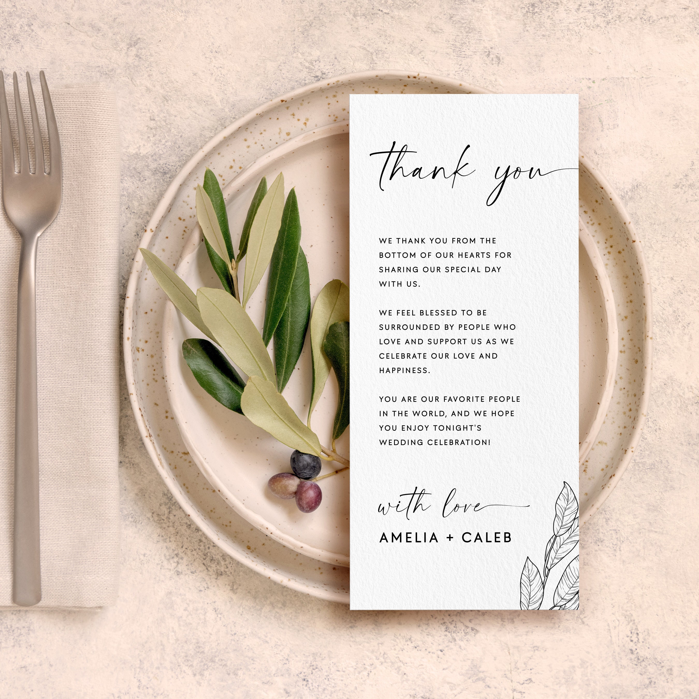 Minimalist Wedding Table Plate Thank You Note Editable Template Thank ...