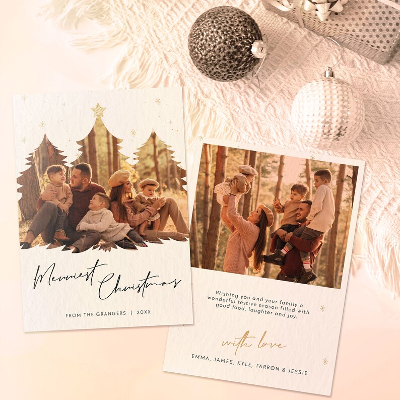 This is a merriest christmas photo card template which you can edit on your computer with ease. Send this family photo holiday card to your loved ones for christmas or new years. it has boho inspired christmas tree motif with warm gold colors.