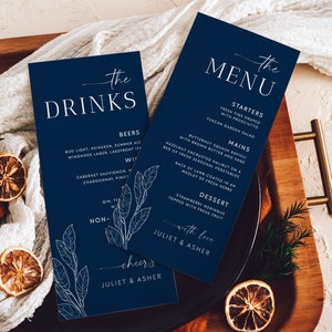 Granatowe karty menu weselnego edytowalny szablon, boho niebieskie menu drinków, drukowane menu weselne, nowoczesne niebieskie menu stołowe, Templett #NAVY