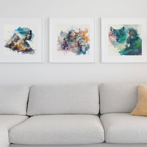 Journey Through the Dungeons: 3 Piece Watercolor Digital Art featuring a Monk, Dwarf, and Ranger for Dungeons & Dragons and TTRPG fans