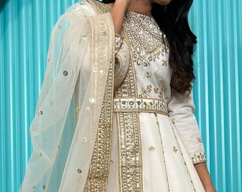 Celebrity Look witte Pakistaanse lange jurk, kant-en-klare feestkleding Indiase jurk, uitlopende pailletten geborduurde outfit Georgette dames VS
