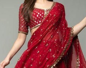 Premium totalmente bordado lima rojo Lehenga Choli & Dupatta Set, traje de fiesta, boda Lehenga Choli, dama de honor Lehenga, niñas Lehenga