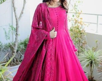 Pink Anarkali Dress for women, Full Flared anarkali with pant dupatta set, Full Stitched Ready made salwar suit, Bridal Anarkali Suit
