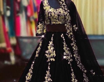 Lehenga Choli negro para mujer, diseñador de trabajo de Lucknowi Lehenga Choli, Lehenga Choli cosido, blusa Lehenga, listo para usar Lehenga Choli