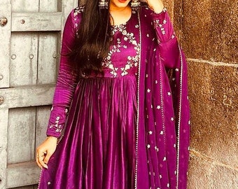 Anarkali Dress, Indian Flared Long Gown Kurti With Dupatta, Purple Stitched Readymade Anarkali Dress, Party Wear Outfit for Women USA