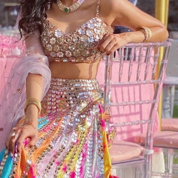 Ensemble multicolore Lehenga Choli Dupatta, cérémonie de mariage Sangeet Lehenga, réception Lehengas soirée ensemble fonctionnel Lehenga, fait sur mesure