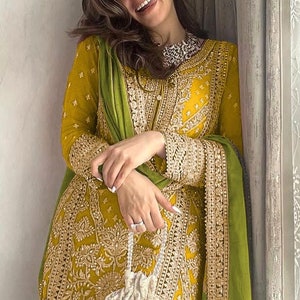 Ensemble plazzo vert avec dupatta, 3 pièces Salwar Kameez en georgette de créateur pour mariage, robe pakistanaise, beau costume de fête Salwar