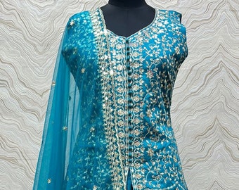 Pakistaanse blauwe Kurta-set met borduurwerk, feestkleding, Pakistaanse kant-en-klare jurk 3-delige set, gestikt Salwar-pak voor dames