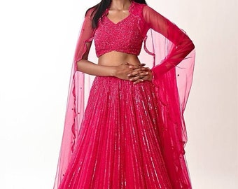 Ensemble haut de gamme Lehenga Choli et Dupatta roses entièrement brodés, costume de soirée, Lehenga Choli rose, demoiselle d'honneur Lehenga, mariée Lehenga