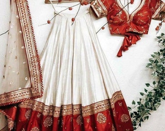 White & Red Georgette Embroidered Fully Stitched Lehenga Choli, Lehenga Choli For USA Women, Designer Lehenga, Function Wear traditional