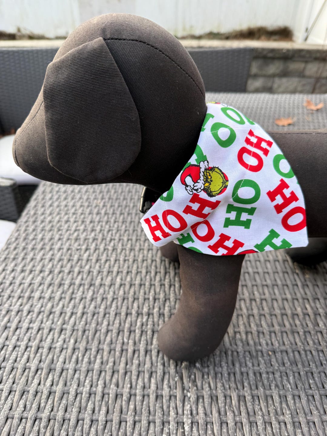 thumbnail interactive-video image 1 of Handmade Grinch Dog Bandana – Cindy Lou Who Style, Over-the-Collar, Red & Green 1 of 3