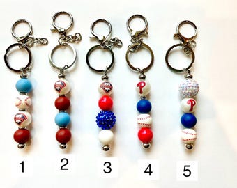 Philadelphia Phillies bead keychains, bag charms, baseball, focal beads, silicone beads, acrylic beads, benefits non-profit dog rescue