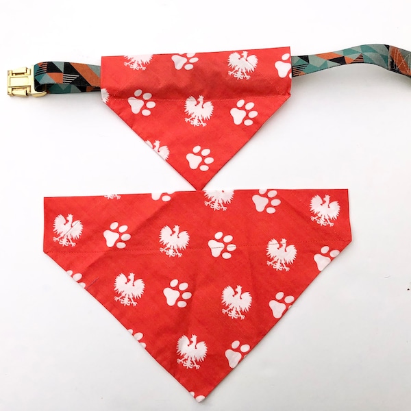Polish Eagle and Paw Print red and white Cotton Fabric Dog/Pet Bandana/Scarf/Neckwear, slip over the collar (benefits non-profit dog rescue)