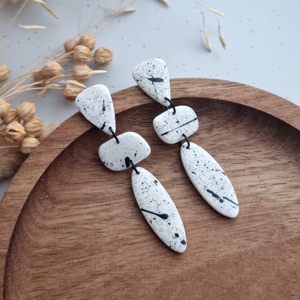 Black and White Earrings, Clay Earrings Handmade, Long Drop Earrings, Handmade Jewelry UK, Unique Jewelry for Women, Gift for Her birthday