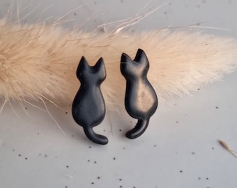 Black Cat Earrings, Sterling Silver Earrings, Kitten Earrings, Cat Jewelry, Clay Jewelry UK, Cat Lover Gift, Cat Studs, Crazy Cat Lady Gift