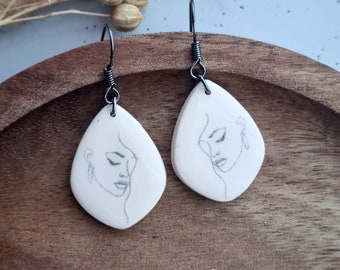 Face Earrings Silver, Silver Jewellery, Neutral Jewelry, Pastel Earrings, Polymer Clay Earrings Dangle, Unique Gift for Her, Handmade Gift