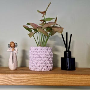 May include: A pink crocheted plant pot with a leafy green plant with pink leaves. The pot is sitting on a wooden shelf with a small figurine and a black diffuser bottle.