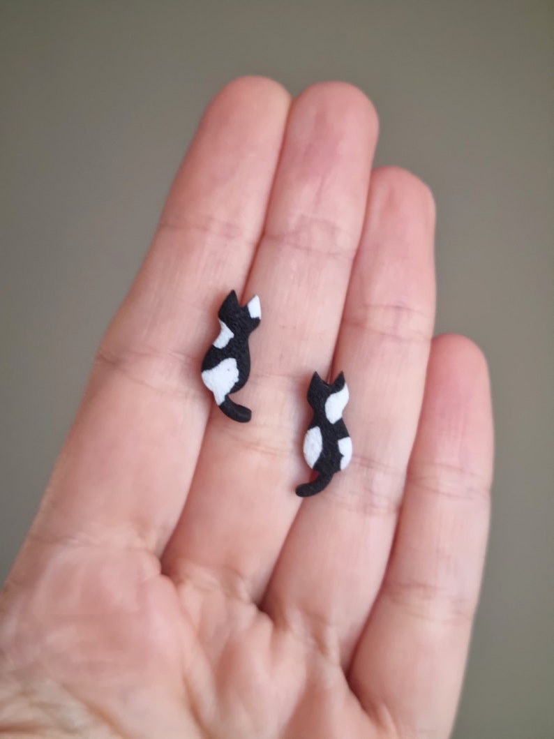 Black and White Cat Earrings, Clay Earrings Cute, Cat Lover Gifts, Crazy Cat Lady Gifts, Animal Lover, Cat Earrings Studs, Kitty Earrings image 6