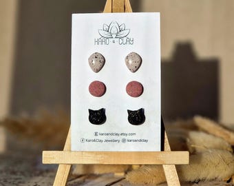 Assorted Stud Earrings Pack, Dainty Clay Earrings, Set of 3 Earrings, Minimalist Stud Set, Handmade Jewelry for Her, Birthday Gift for Women