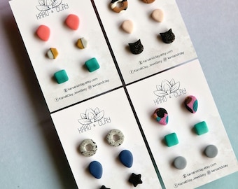Assorted Stud Earrings Pack, Dainty Clay Earrings, Set of 3 Earrings, Minimalist Stud Set, Handmade Jewelry for Her, Birthday Gift for Women