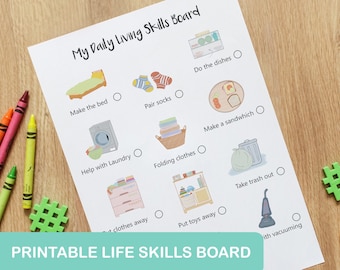 May include: A printable life skills board with illustrations of daily tasks, such as making the bed, doing the dishes, and taking out the trash. Each task has a checkbox next to it.