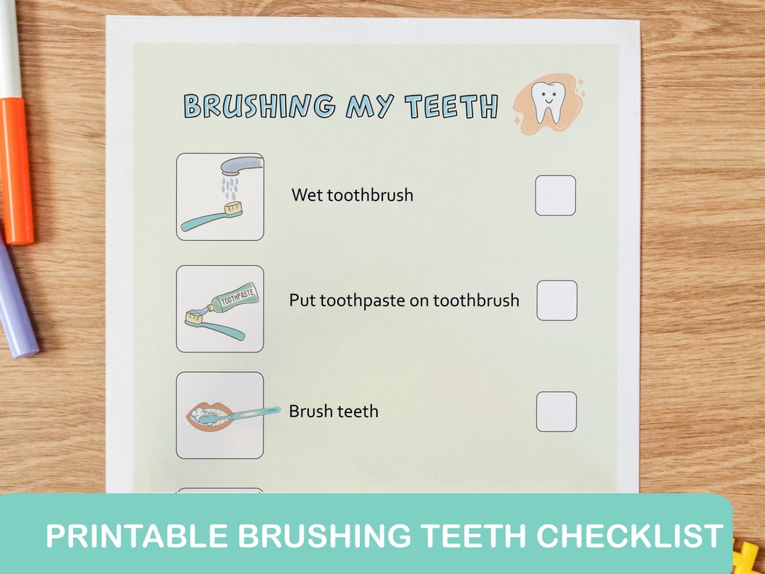 Brushing Teeth Instructions Kids Learning Checklist Bathroom Visual Aid A4 Poster, Autism ADHD