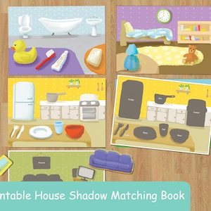 May include: Printable shadow matching game for kids.  The game features five rooms of a house: a bathroom, bedroom, kitchen, living room, and a shadow matching page for each room.  The game is designed to help kids learn about different rooms in a house and to develop their fine motor skills.