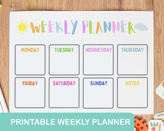 May include: Printable weekly planner with a colorful sun and cloud design. The planner has spaces for each day of the week, Monday through Sunday, and a notes section.