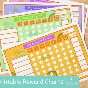 Puede incluir: Cartas de recompensa imprimibles con un tema de arcoíris y sol. Las cartas están disponibles en cuatro colores: verde, amarillo, naranja y morado. Cada carta tiene una sección para "Mis tareas" y una cuadrícula para realizar un seguimiento del progreso con estrellas. Las cartas tienen un espacio para una meta y puntos.