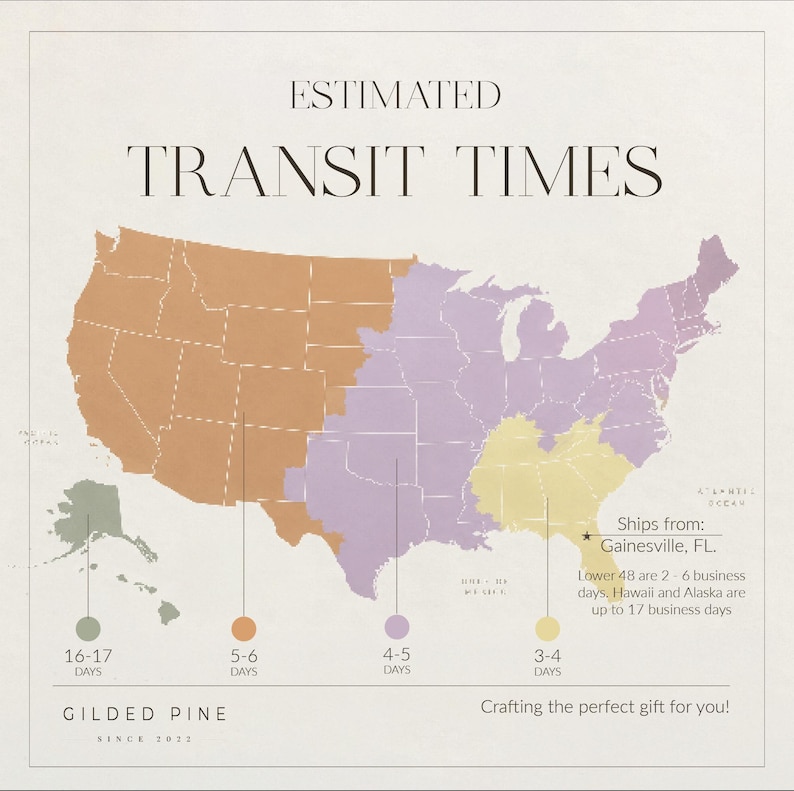 The image is a map of the United States with estimated transit times for ships traveling from Gainesville, Florida.