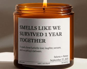 Funny 1st Anniversary Scented Candle Gift | Smells Like We Survived 1 Year Together