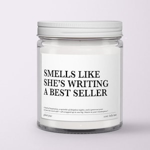 Author Gift She&#39;s Writing A Bestseller - Personalized Custom Candle Aspiring Poet - Personalized Care Package for him - Writer&#39;s Block Set