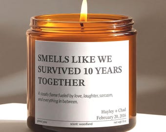 Funny 10th Anniversary Candle Gift | Smells Like We Survived 10 Years Together
