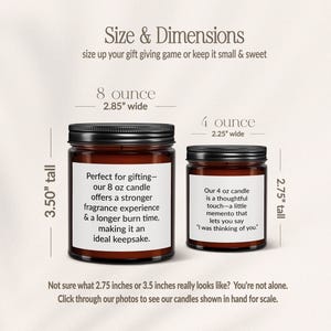 two brown glass jars with text describing their sizes and dimensions. The jar on the left is 8 ounces tall and 2.85" wide, while the jar on the right is 4 ounces tall and 2.25" wide. The text provides information about the candle sizes and their ideal uses, such as gift giving, fragrance experience, and longer burn time. The image also includes a note that not all measurements are accurate and encourages viewers to check the photo for scale.