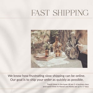 The image is a collage of two photos. In the first photo, a person is sitting at a table with a book and a vase of flowers. In the second photo, a person is sitting at a table with a cup and a vase of flowers. The text above the collage states "FAST SHIPPING" and below it, "We know how frustrating slow shipping can be online. Our goal is to ship your order as quickly as possible."