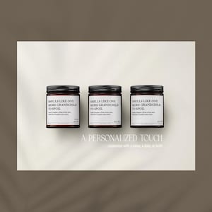 Three dark brown jars with white text, arranged in a row, each with a different description of the contents.