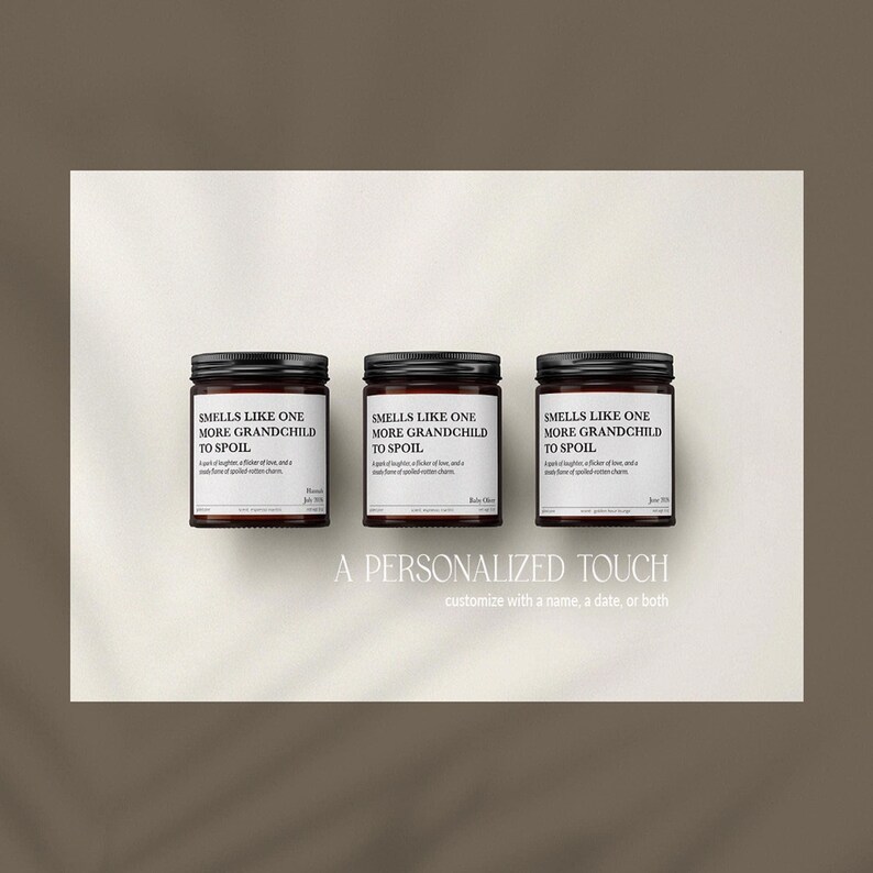 Three dark brown jars with white text, arranged in a row, each with a different description of the contents.