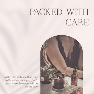 The image is a collage of two images. The top image shows a person sitting at a table with a candle, while the bottom image depicts a potted plant and a glass jar. The text overlay reads "PACKED WITH CARE" and provides a cautionary message about the care and handling of a damaged candle.