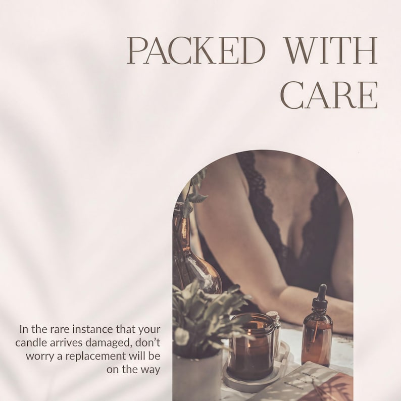 The image is a collage of two images. The top image shows a person sitting at a table with a candle, while the bottom image depicts a potted plant and a glass jar. The text overlay reads "PACKED WITH CARE" and provides a cautionary message about the care and handling of a damaged candle.