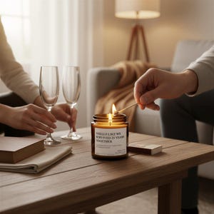 A person lighting a candle on a wooden table, with two wine glasses and a book nearby.