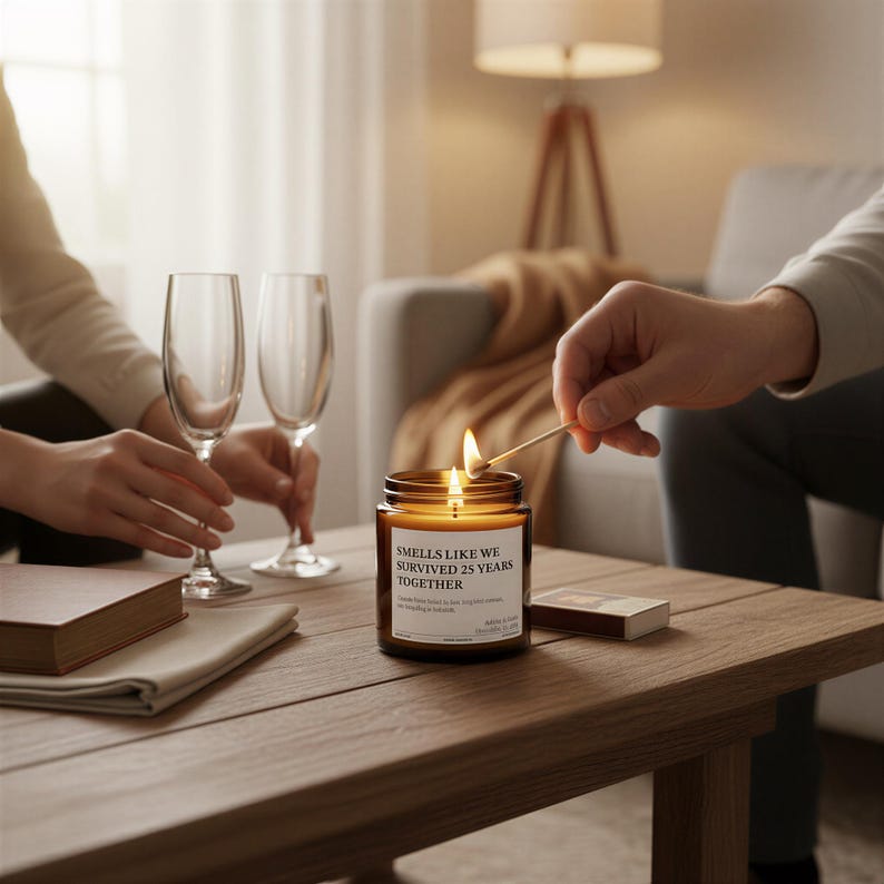 A person lighting a candle on a wooden table, with two wine glasses and a book nearby.